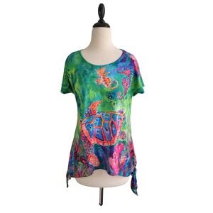 Leoma Lovegrove Turtle Seahorse Graphic Art Top Green Small Tie-Dye Side Ties